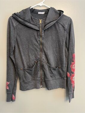 Gray Zip-Up Hoodie Jacket with Red Floral Sleeves